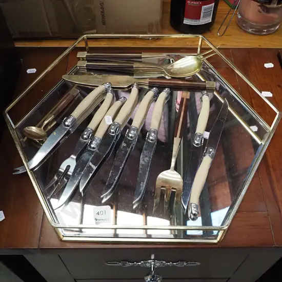 octagonal brass and glass tray , steak knives etc