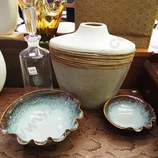 decanter, vase, 2x studio pottery bowls