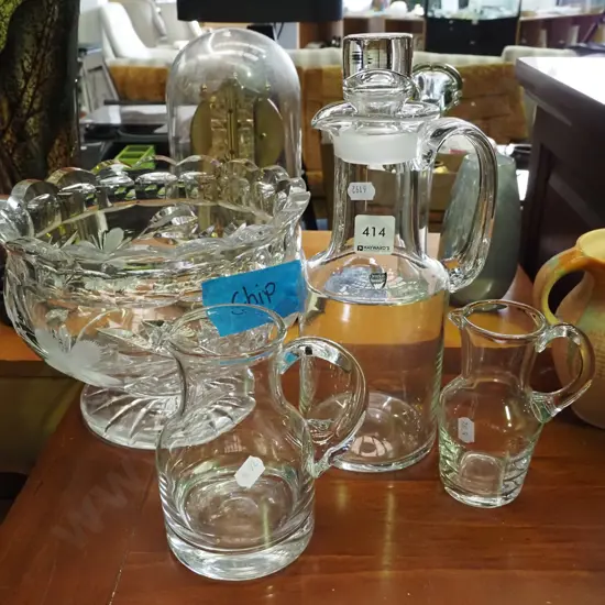 stoppered Swedish crystal jug, large footed bowl with chip, 2x other jugs