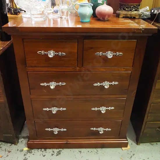 solid pine 5 drawer chest with cut glass and chrome handles