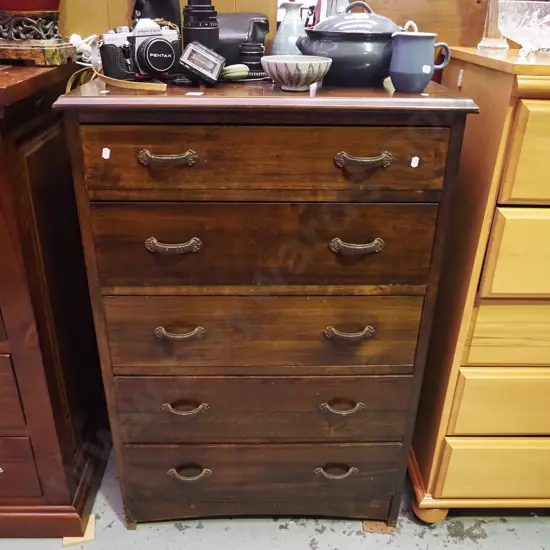 dark stained beech 5 drawer tall boy H-1030 W-680 D-400