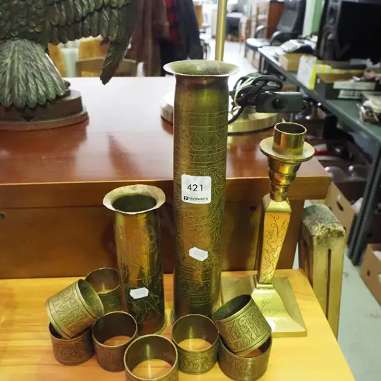 brass candlestick, vases, napkin rings