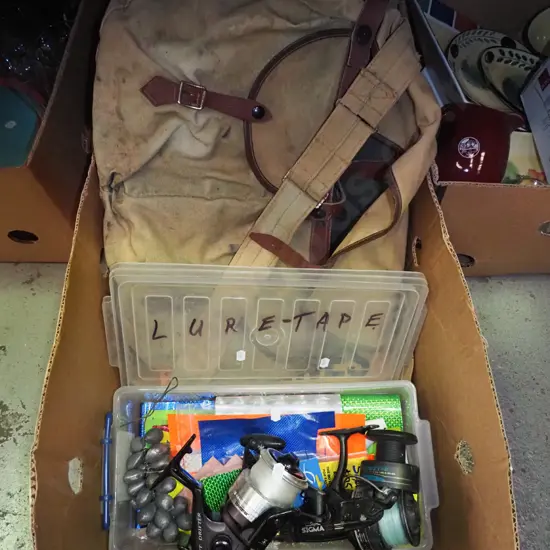 box; fishing bag, tackle, box, reels etc