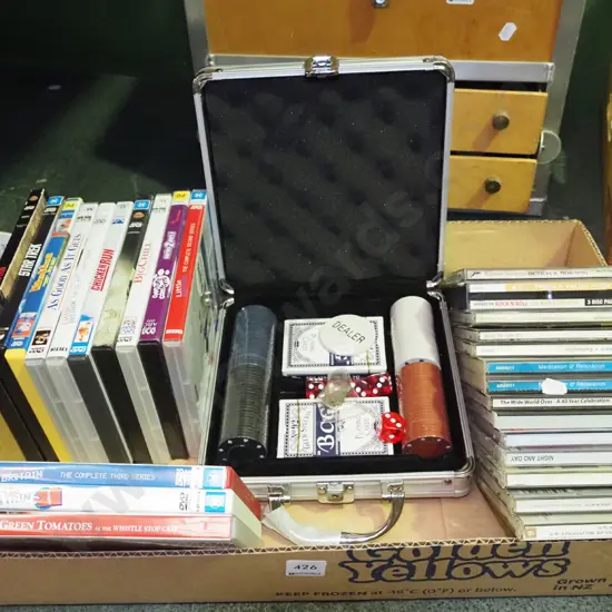 box; CDs, DVDs, poker set