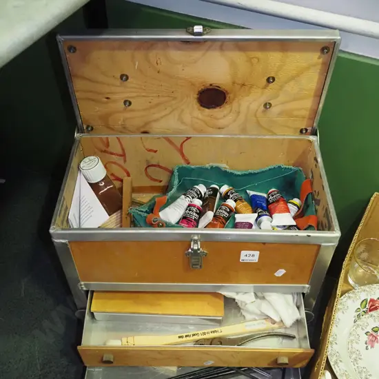 2 drawer lift-lid art supplies case with paints, brushes, pliers etc