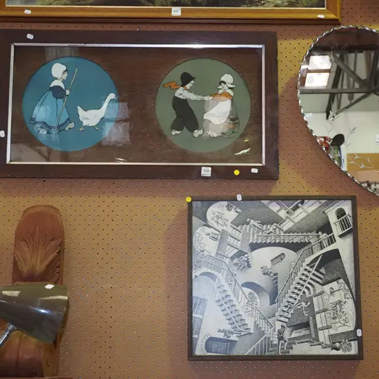 oak framed Ethel Parkinson diptych, Escher style print