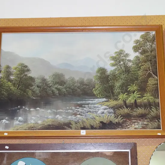 framed oil - stream and mountain scene