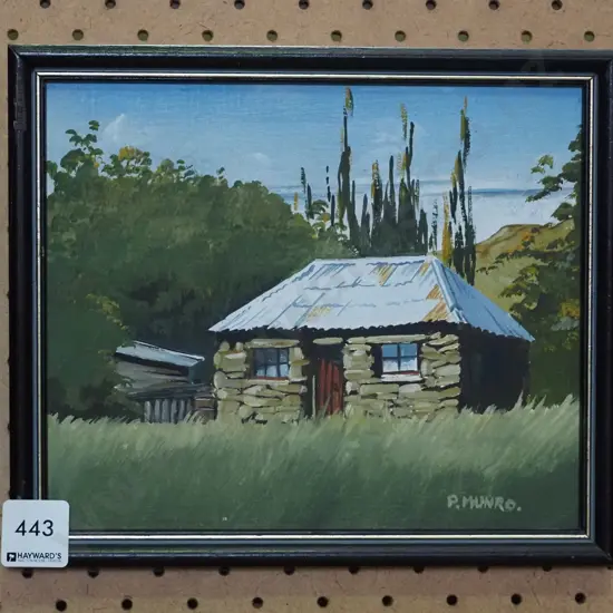 P Munro - framed oil - stone cottage 