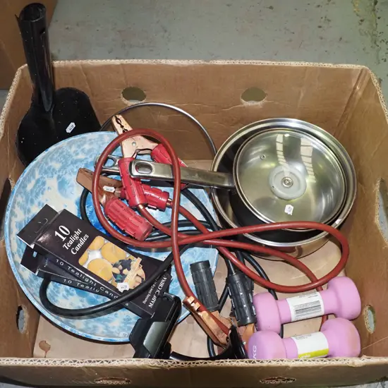 box; jumper leads, pots, pans, hand weights etc
