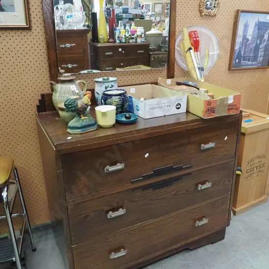 deco oak 3 drawer mirror back dresser H-1400 