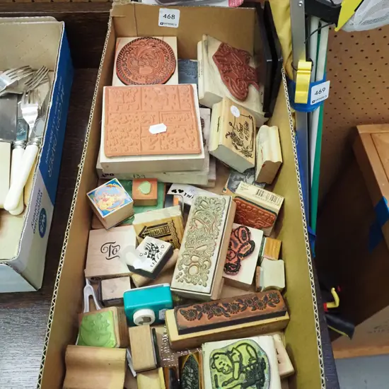 box of rubber stamps