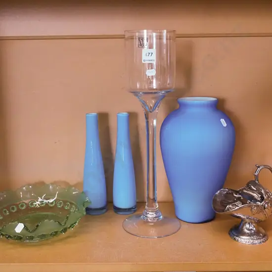 shelf; plated sugar scuttle, green glass bowl, blue glass vases, clear glass vase H-400