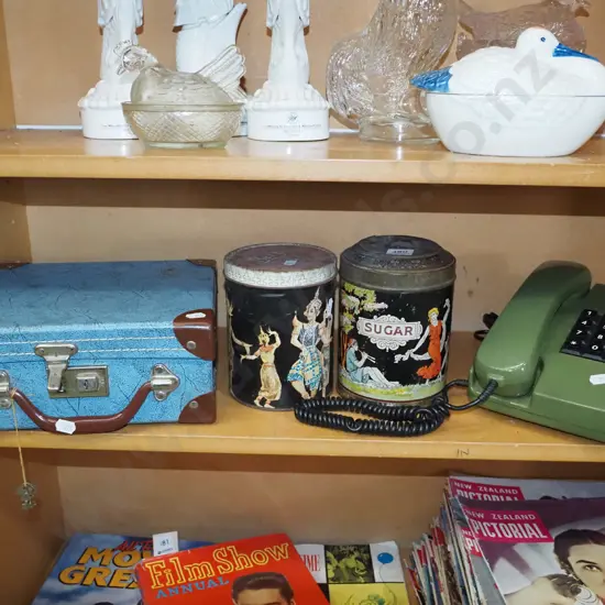 small suitcase, vintage tin, push button phone