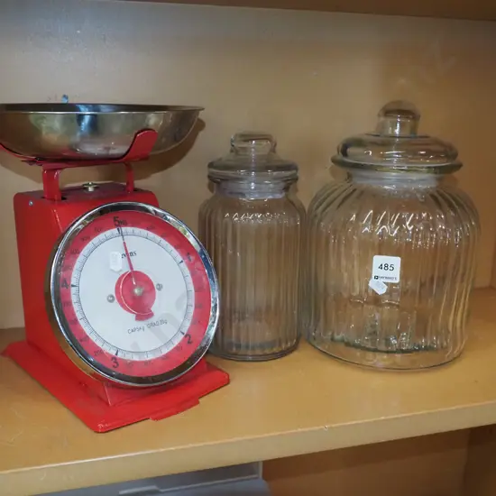 lidded glass canisters, kitchen scales