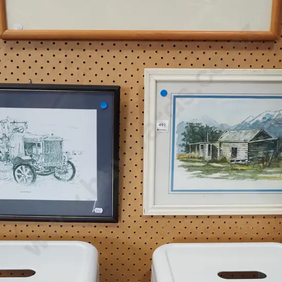 framed print - vehicle, framed watercolour - farm building