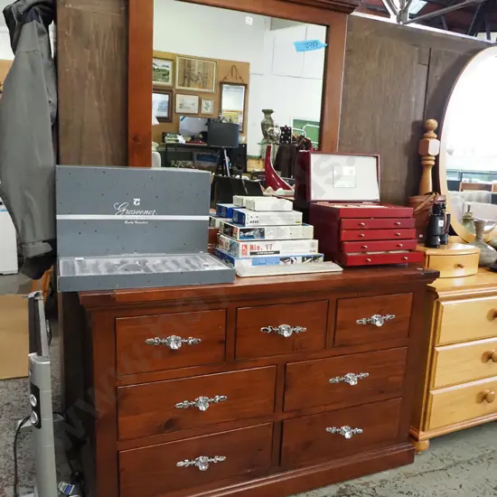 solid pine 7 drawer mirror back dresser - cut glass and chrome handles