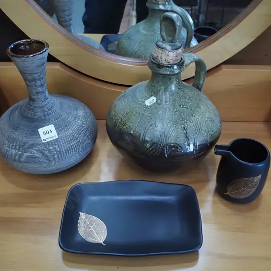 studio pottery stoppered jug, tray, small jug