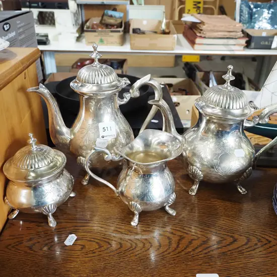 plated teapots, creamer, sugar