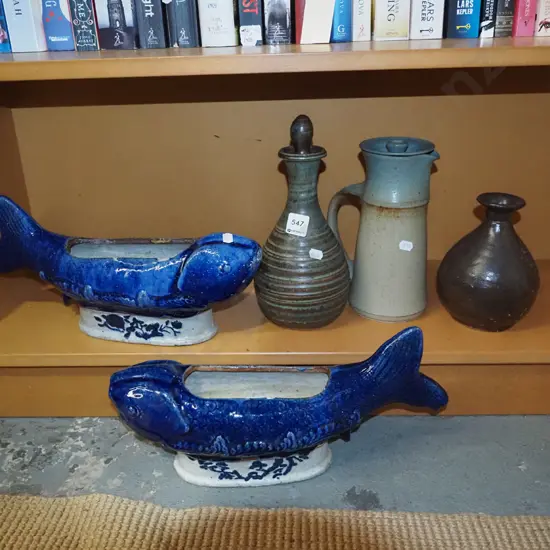 studio pottery vases, coffee pot, stoppered vinegar bottle etc