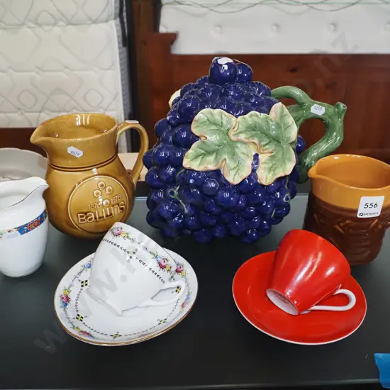 lidded canister, jugs, cups and saucers