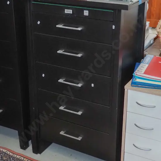 black painted mdf 6 drawer glass top tall boy H-1140 W-700 D-430