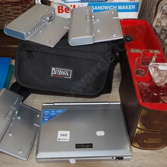 portable DVD player with bag and batteries etc, book themed drinks decanter