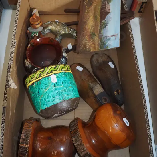 box; vintage shoe forms, book ends, small oil on board etc