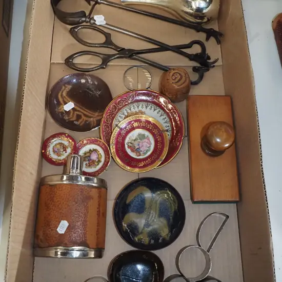 box; Limoges plates, napkin rings, hip flask etc
