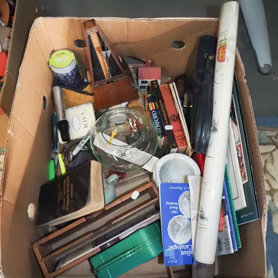 box; letter rack, hand bag, glass bowl etc