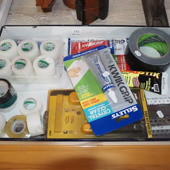 enamel tray, cellotape, duct tape etc