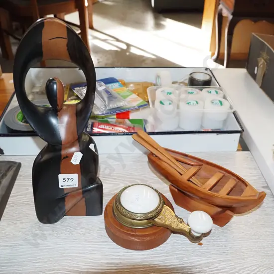 ornamental figurine, boat, ceramic and brass handle