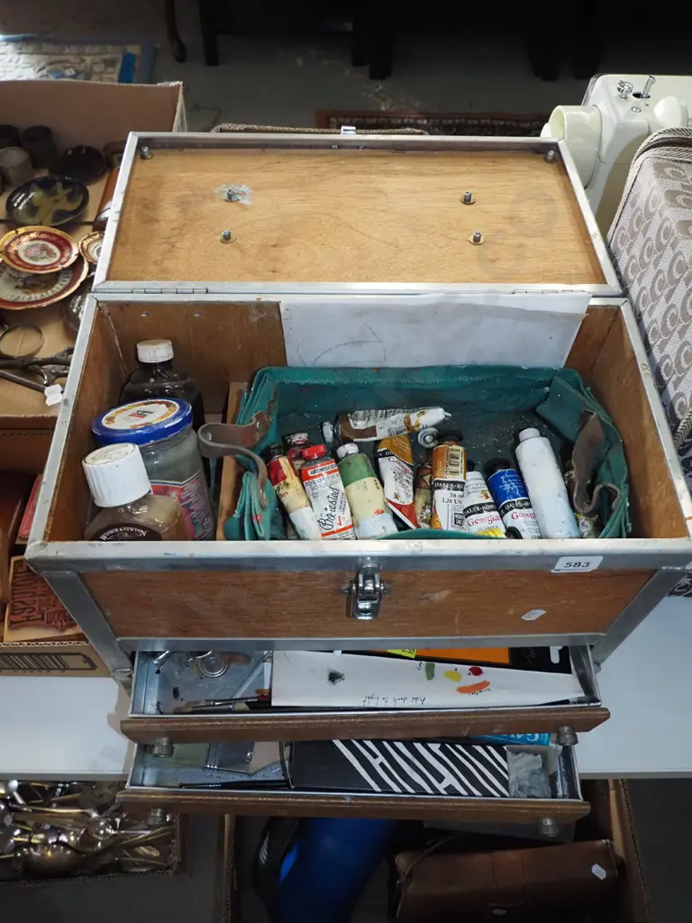 2 drawer lift-lid art supplies case with paints, brushes etc. Image 1++