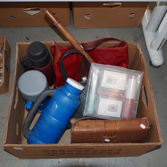 box; hand bags, thermoses, poker set etc