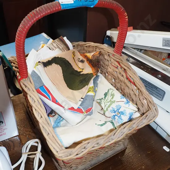 cane basket, tea towels