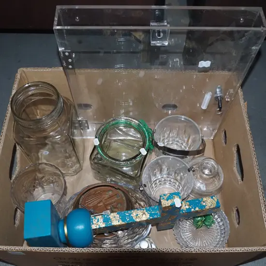 box; crystal vase, glass storage jars, copper dishes, teaspoons etc