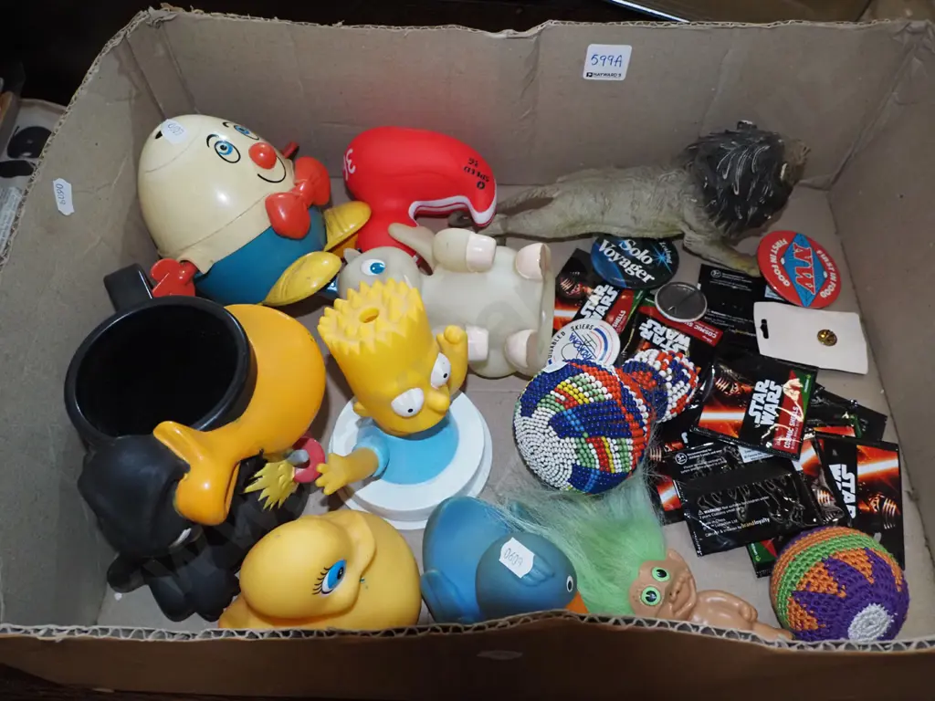 box; Disney and Star Wars collectables, Bart Simpson figure, rubber ducks, etc. Image 1++
