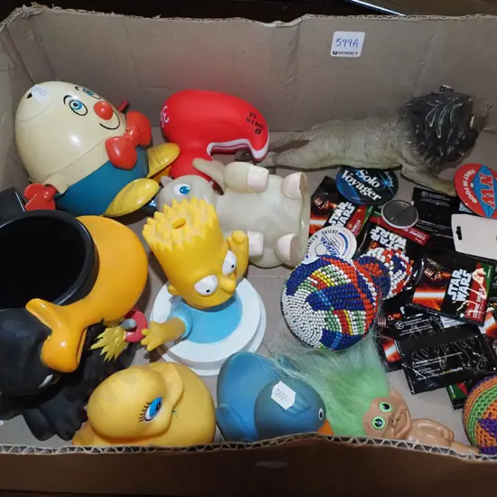 box; Disney and Star Wars collectables, Bart Simpson figure, rubber ducks, etc.
