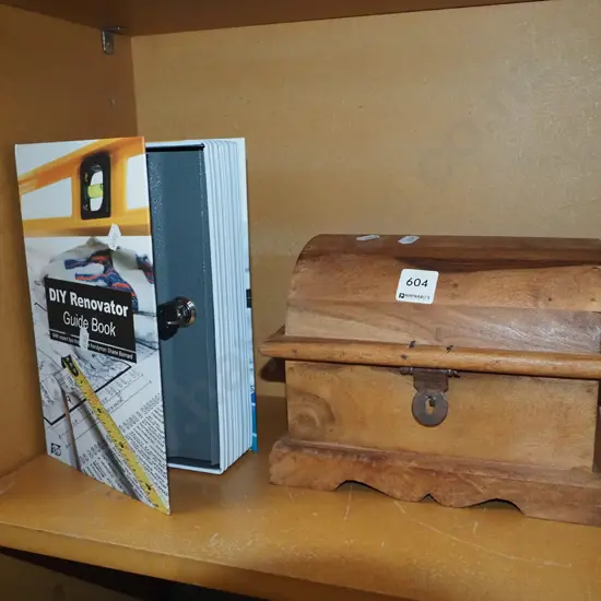 small wooden chest, cash box book