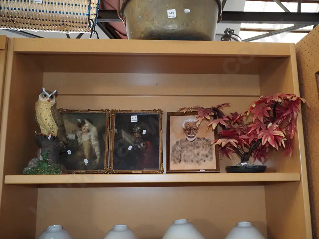 shelf; owl figurine, faux bonsai, 2x prints, ink drawing Image 1++