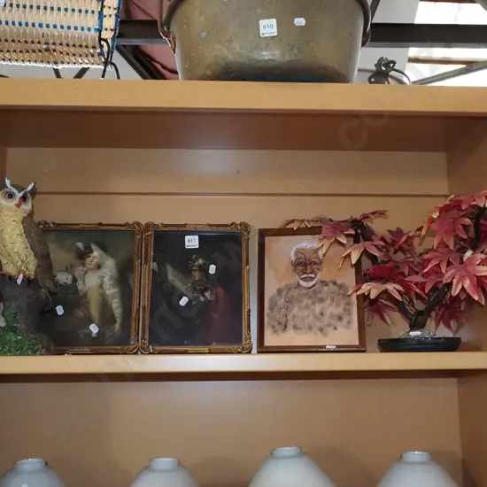 shelf; owl figurine, faux bonsai, 2x prints, ink drawing