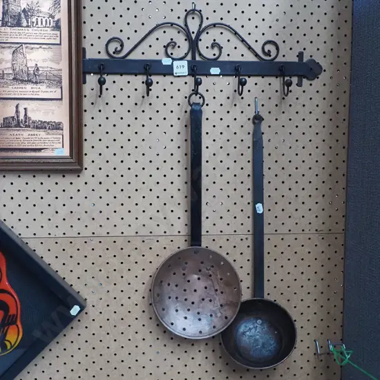 metal utensils/coat rack, copper ladle and strainer
