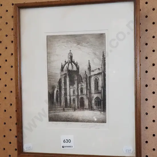 small framed etching - Christ's College