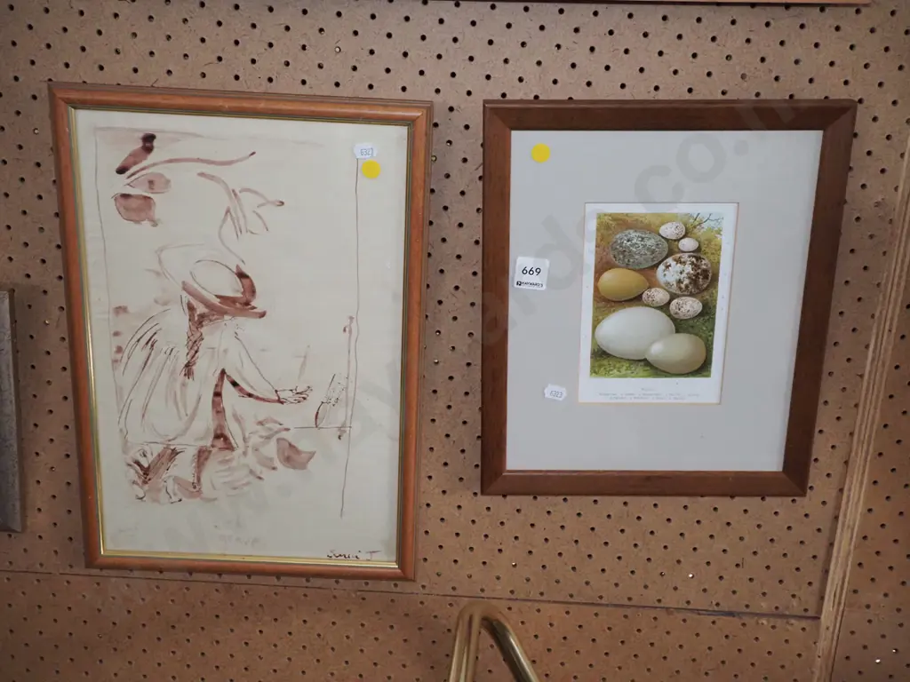 framed print - eggs, framed ink - portrait - some damage - yellow dots Image 1++