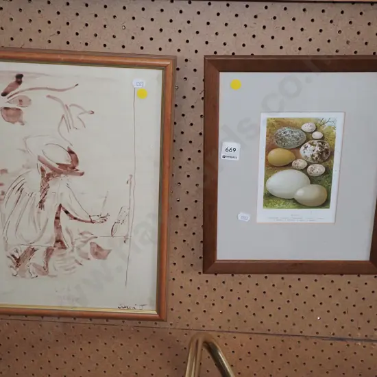 framed print - eggs, framed ink - portrait - some damage - yellow dots