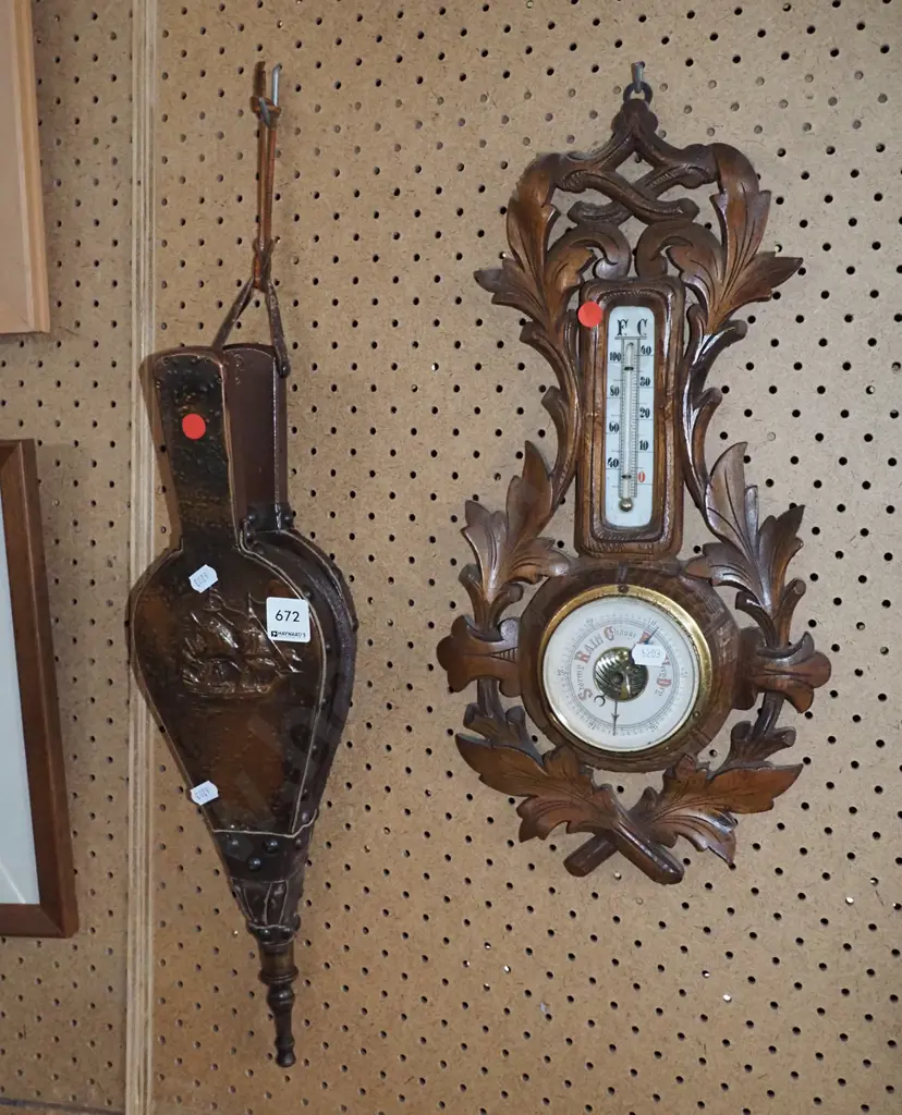 bellows, ornate carved barometer/thermometer - red dots Image 1++
