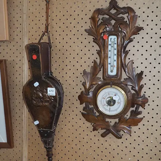 bellows, ornate carved barometer/thermometer - red dots