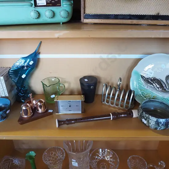 shelf; recorder, Hanmer pottery Beatrix Potter books etc