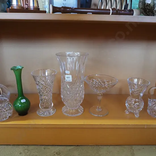 crystal and glassware; creamers, basket, vases Tallest H-250
