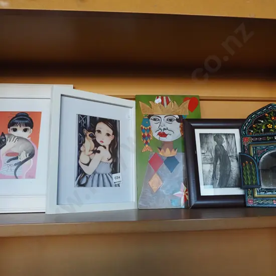various prints, hand painted framed mirror with doors