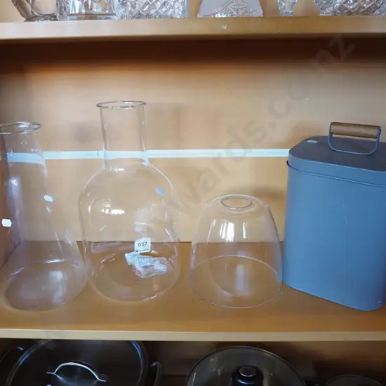 3x clear glass light fittings, grey metal storage container